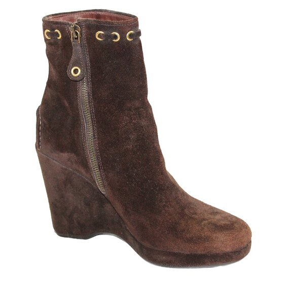 Original Car Shoe Prada Chocolate Suede Gold Tone Eyelet Wedge, Size 36.5 - Picture 3 of 11